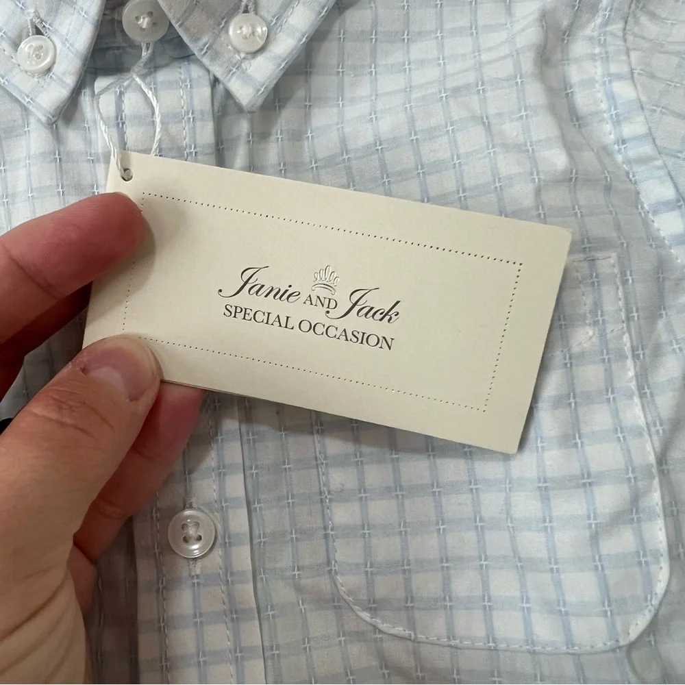 janie and jack special occasion boys blue plaid button down 6-12months NWT - Picture 3 of 4
